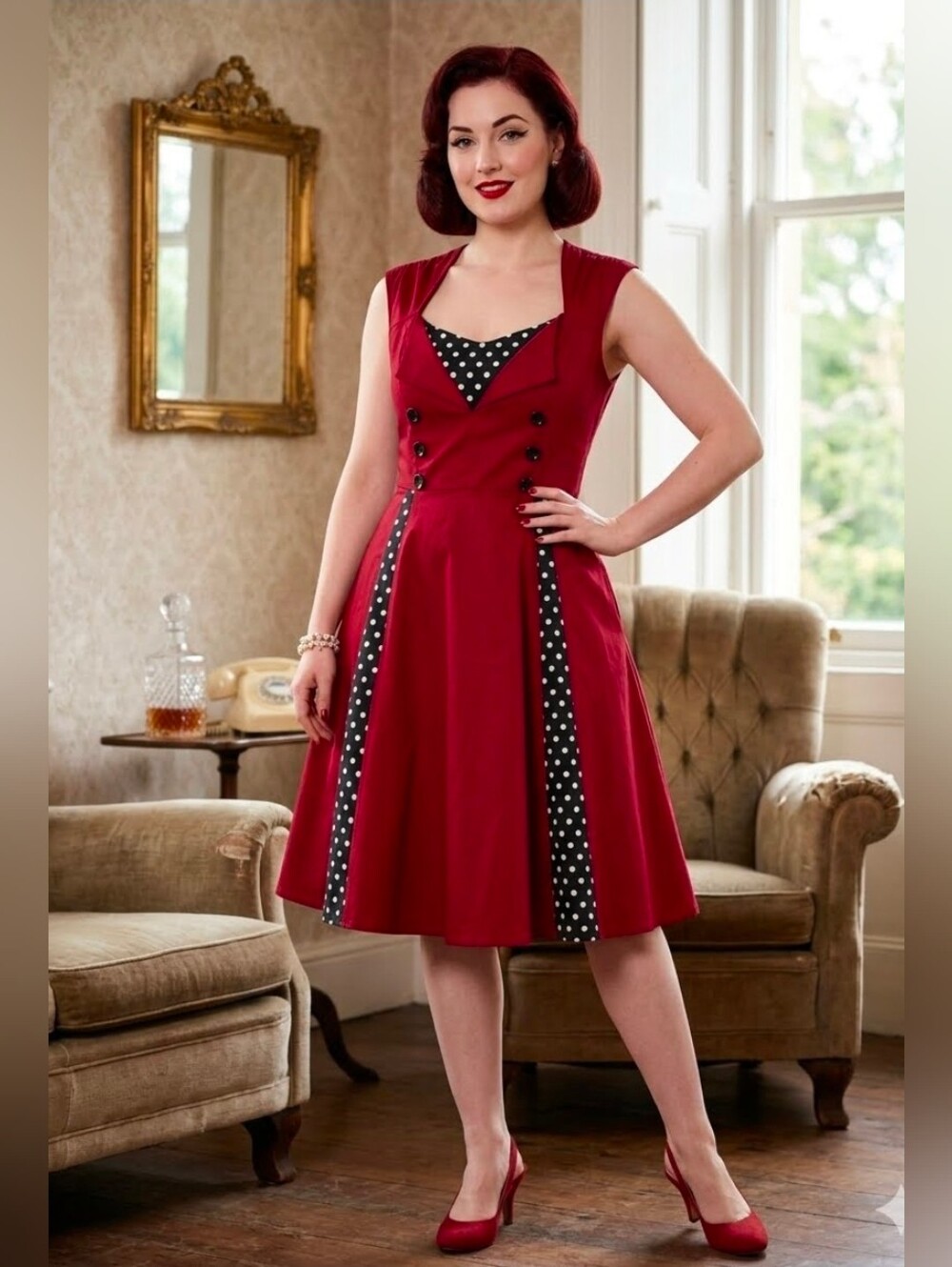 NWT KillReal Vtg 50s Burgundy Slvless Rockabilly Swing Dress Polka Dot Inset L